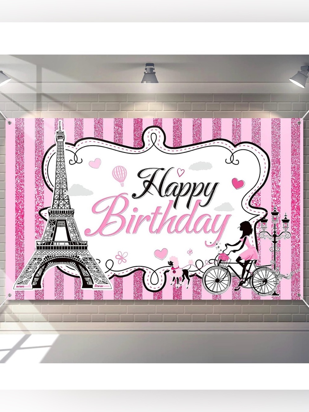 Happy Birthday Paris Backdrop - Pink Striped Party Banner